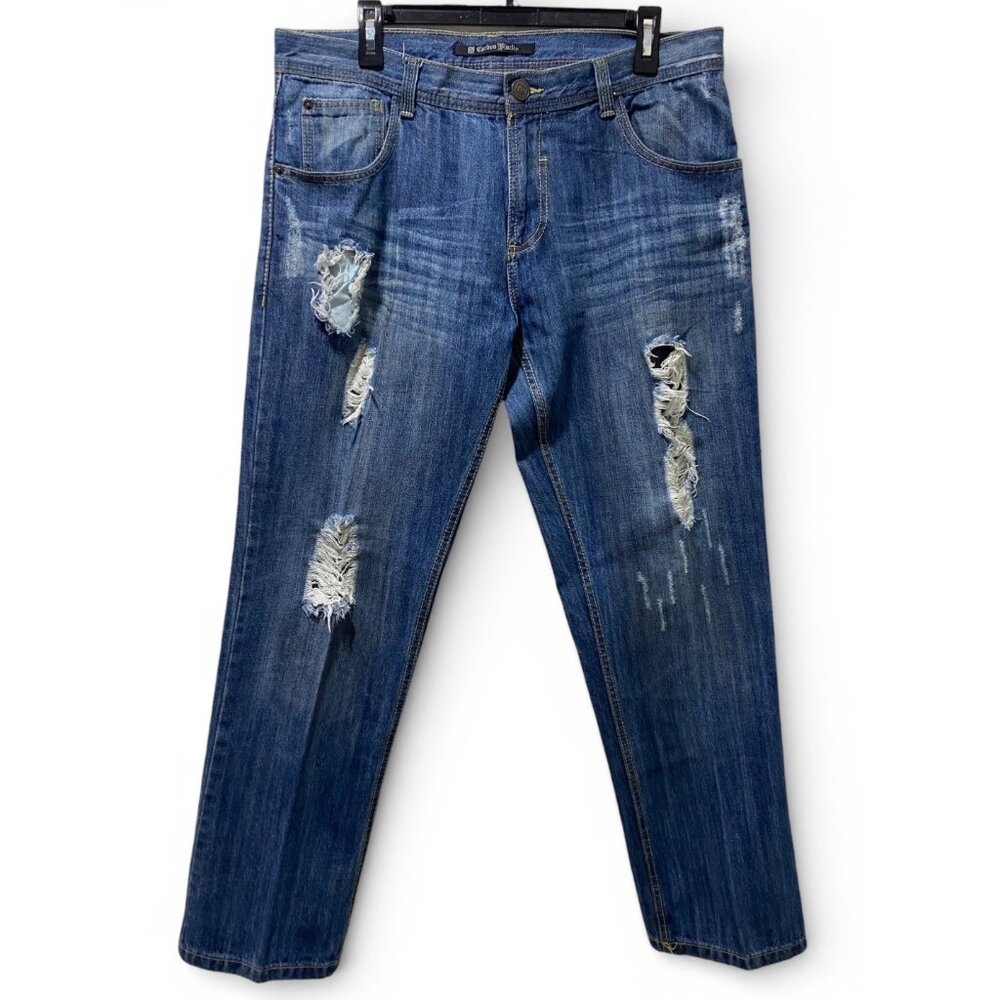 Carbon Black Distressed Jeans Mens 34x30 Blue Ripped Destroyed Denim 100% Cotton